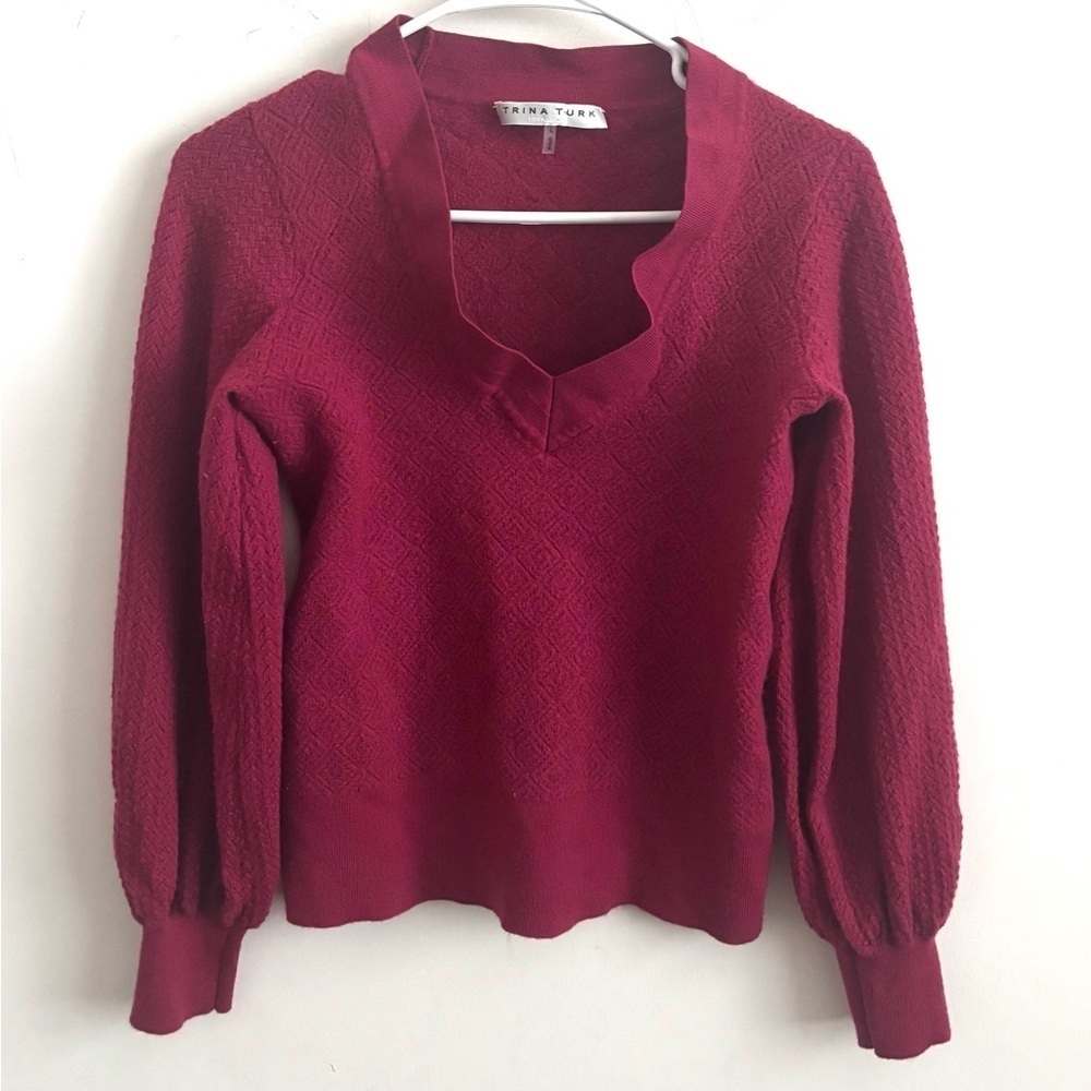 Trina Turk 100% Wool Sweater Womens Large Puff Sleeve V- Neck Pullover Boho Chic